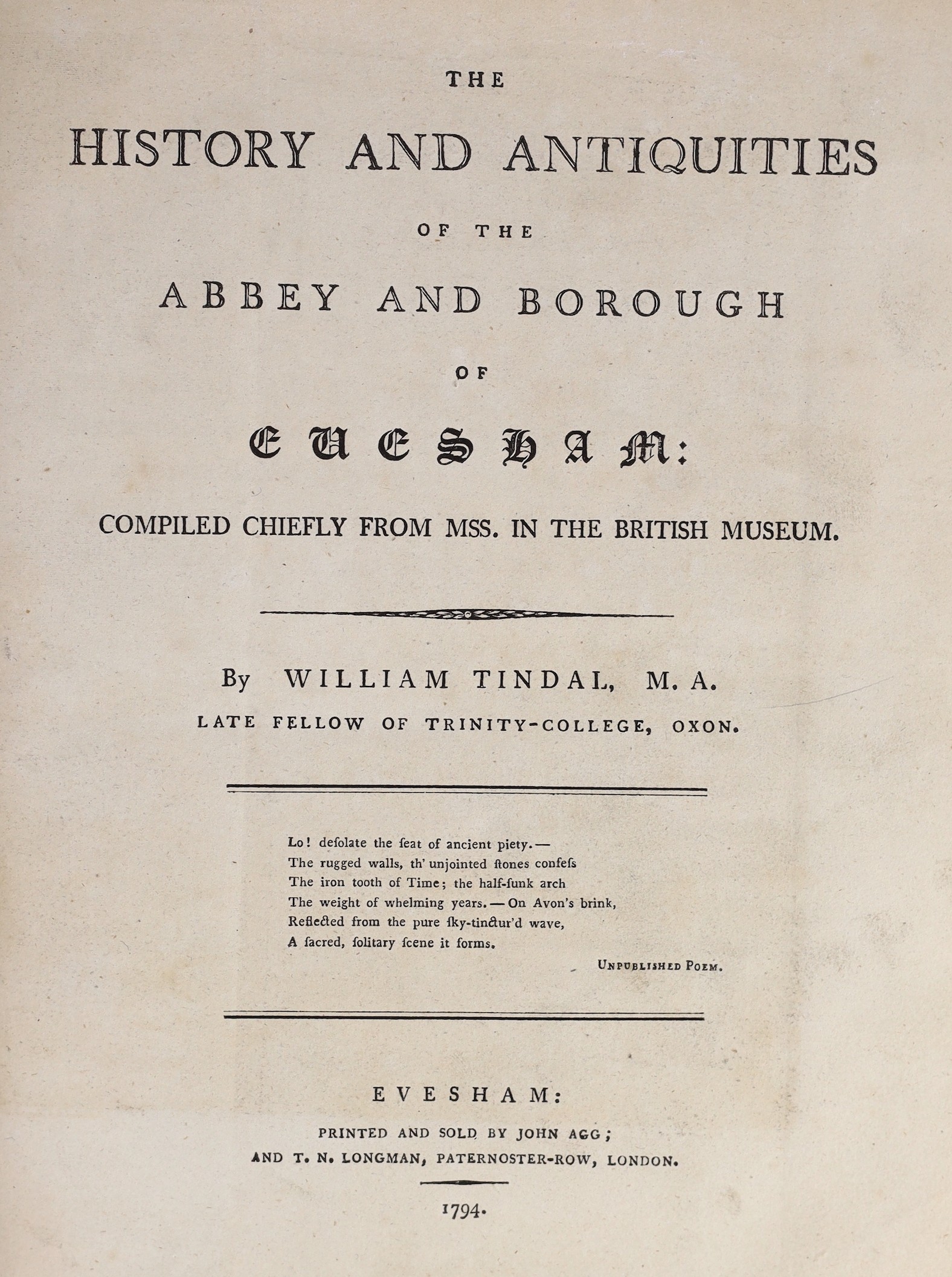 EVESHAM - The History and Antiquities of the Abbey and Borough of Evesham, 1st edition, 4to, later half calf, with folding engraved frontis and 6 plates, 2 folding, John Agg, Evesham, 1794